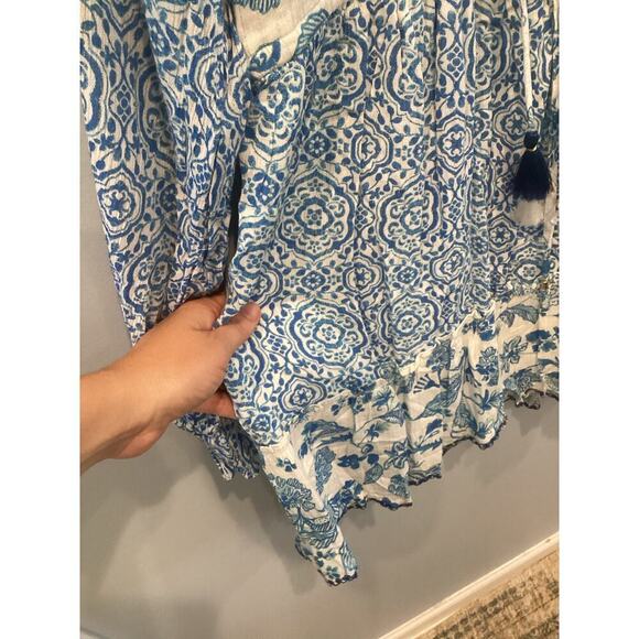 REVOLVE X HOUSE OF HARLOW Boho Mini Shirt Dress Size S Tiered Blue Beachy Tassel - Picture 10 of 15